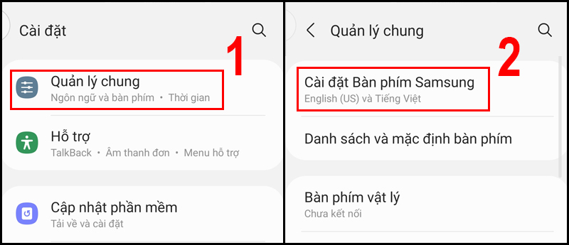 Chọn C&agrave;i đặt B&agrave;n ph&iacute;m Samsung trong Quản l&yacute; chung